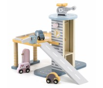 Žaislinis medinis garažas su sraigtasparniu ir automobiliais | PolarB | Viga 44029